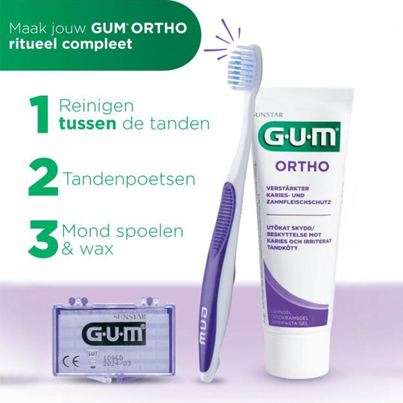 GUM Ortho tandenborstel met tandpasta en waxdoosje voor volledig ritueel