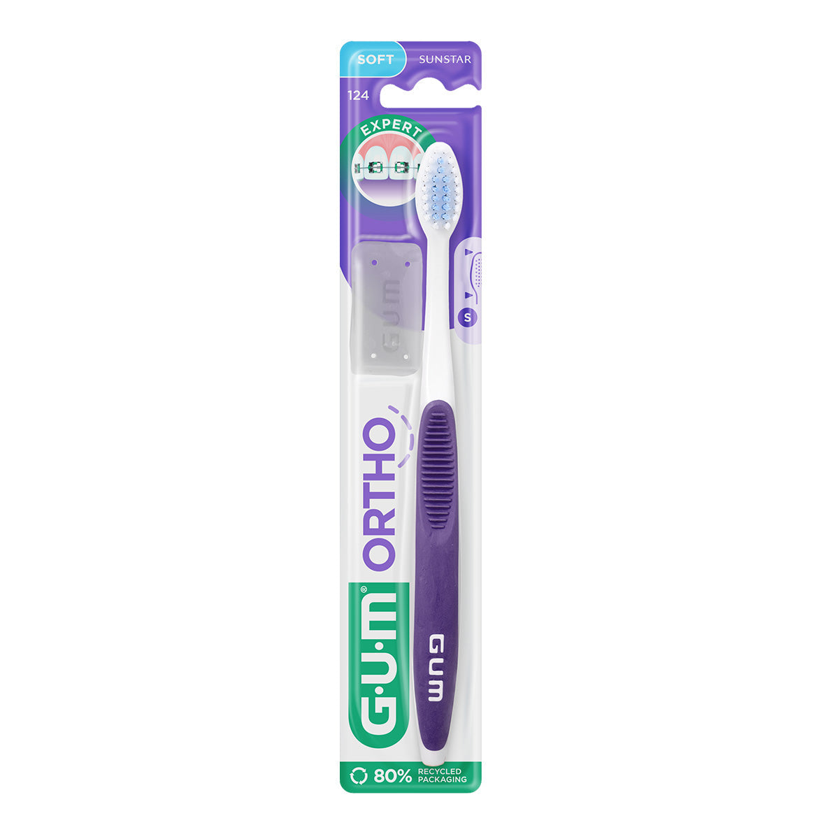 GUM Ortho tandenborstel soft in blisterverpakking met paarse handgreep
