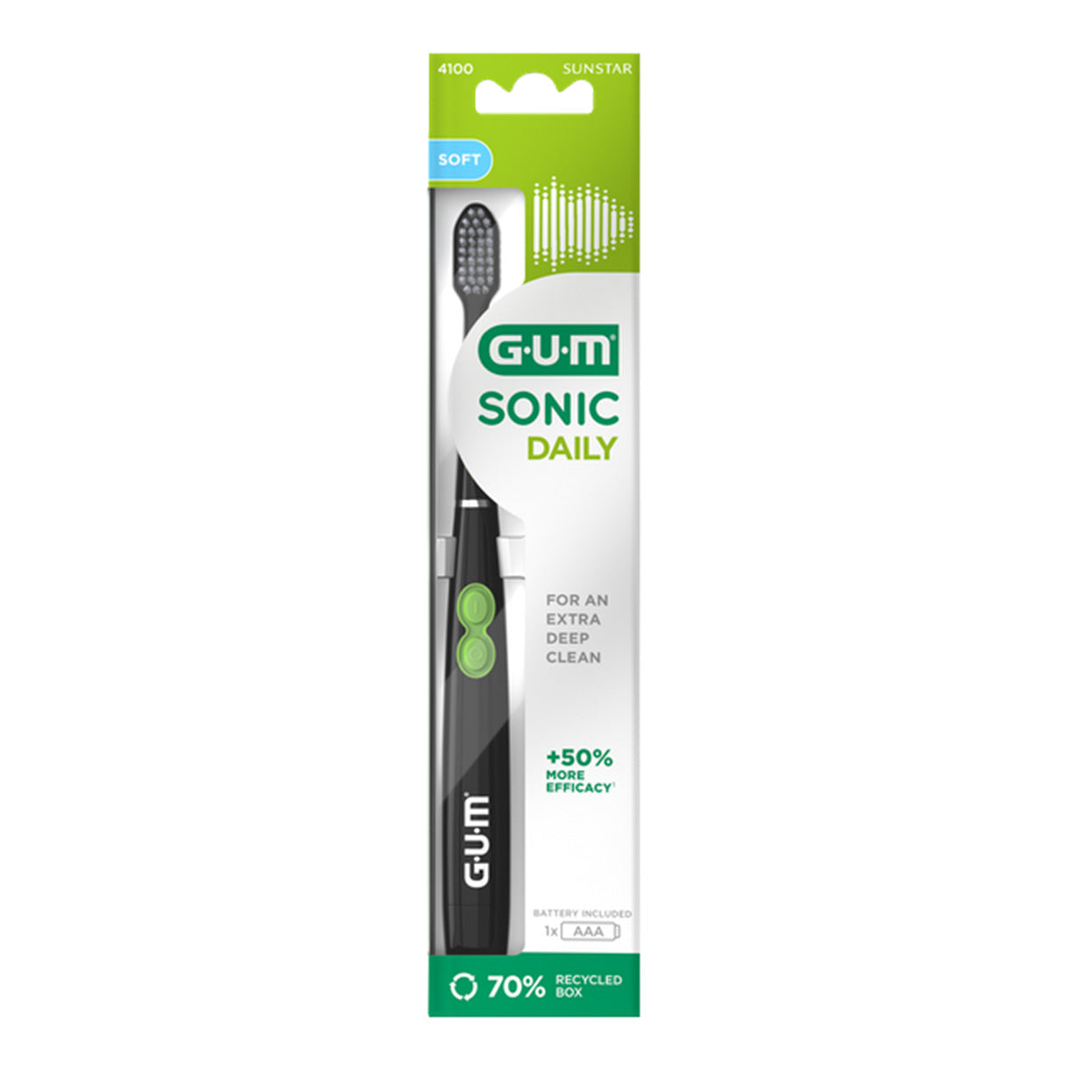 GUM Sonic Daily tandenborstel zwart in verpakking met soft opzetborstel