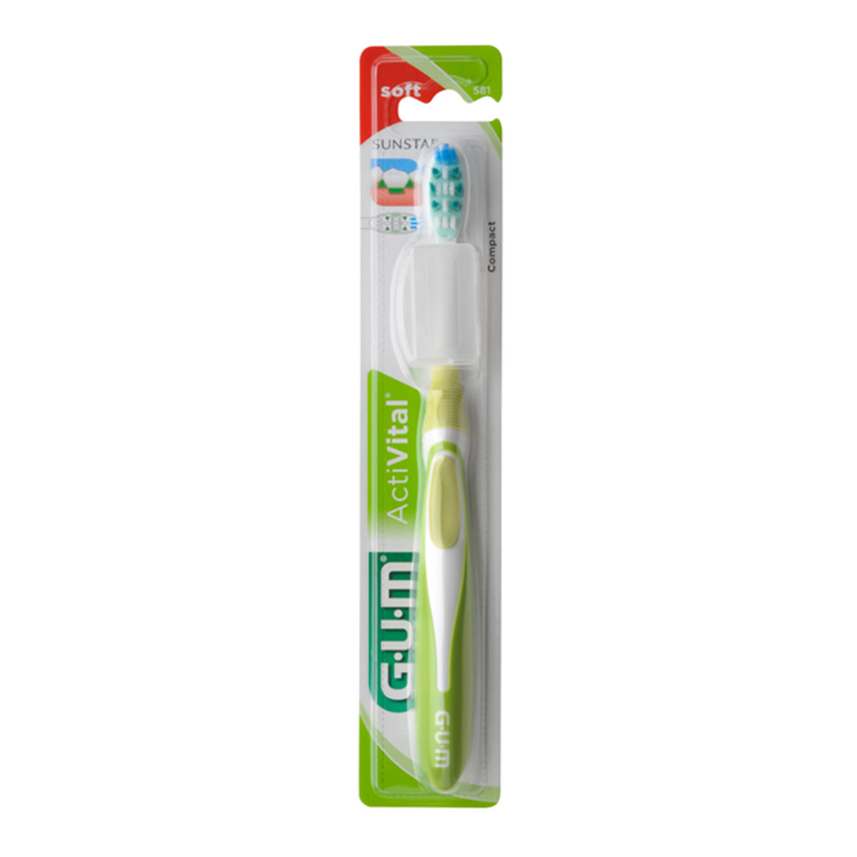 GUM ActiVital tandenborstel Compact Medium in verpakking met beschermkap