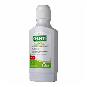 GUM ActiVital mondspoelmiddel witte fles met groen-rood etiket en Q10