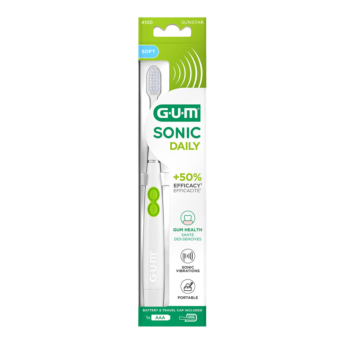GUM Sonic Daily tandenborstel wit in verpakking met soft borstelkop en batterij