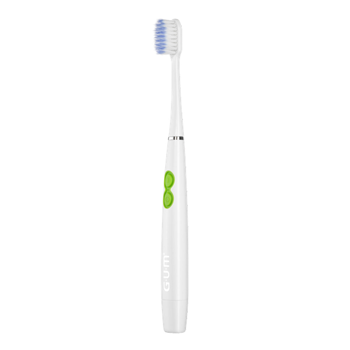 GUM SONIC Daily tandenborstel wit met groene knop, zijaanzicht op witte achtergrond