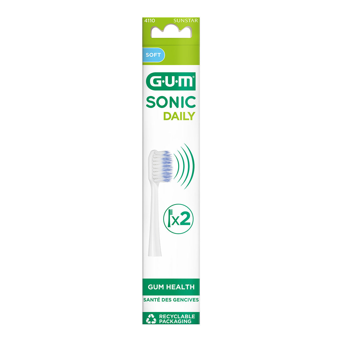 GUM Sonic Daily opzetborstels verpakking met soft borstelkop en gum health logo