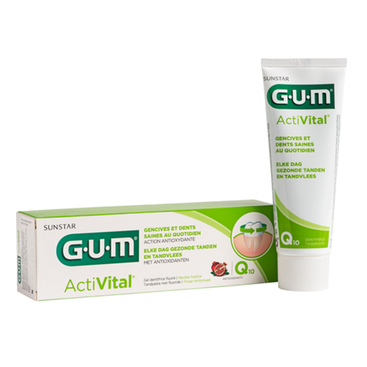 GUM ActiVital tandpasta doosje en tube naast elkaar met Q10 vermelding