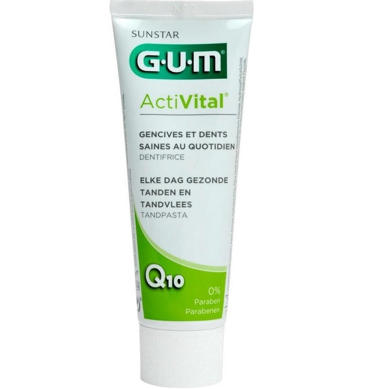GUM ActiVital tandpasta tube met Q10 en tekst elke dag gezonde tanden en tandvlees