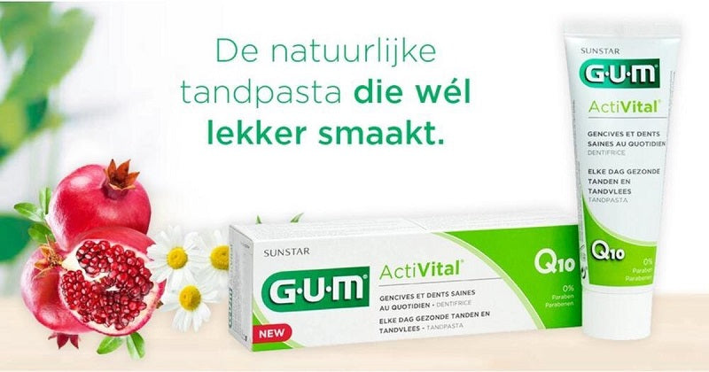 GUM ActiVital tandpasta doosje en tube met granaatappel en kamille