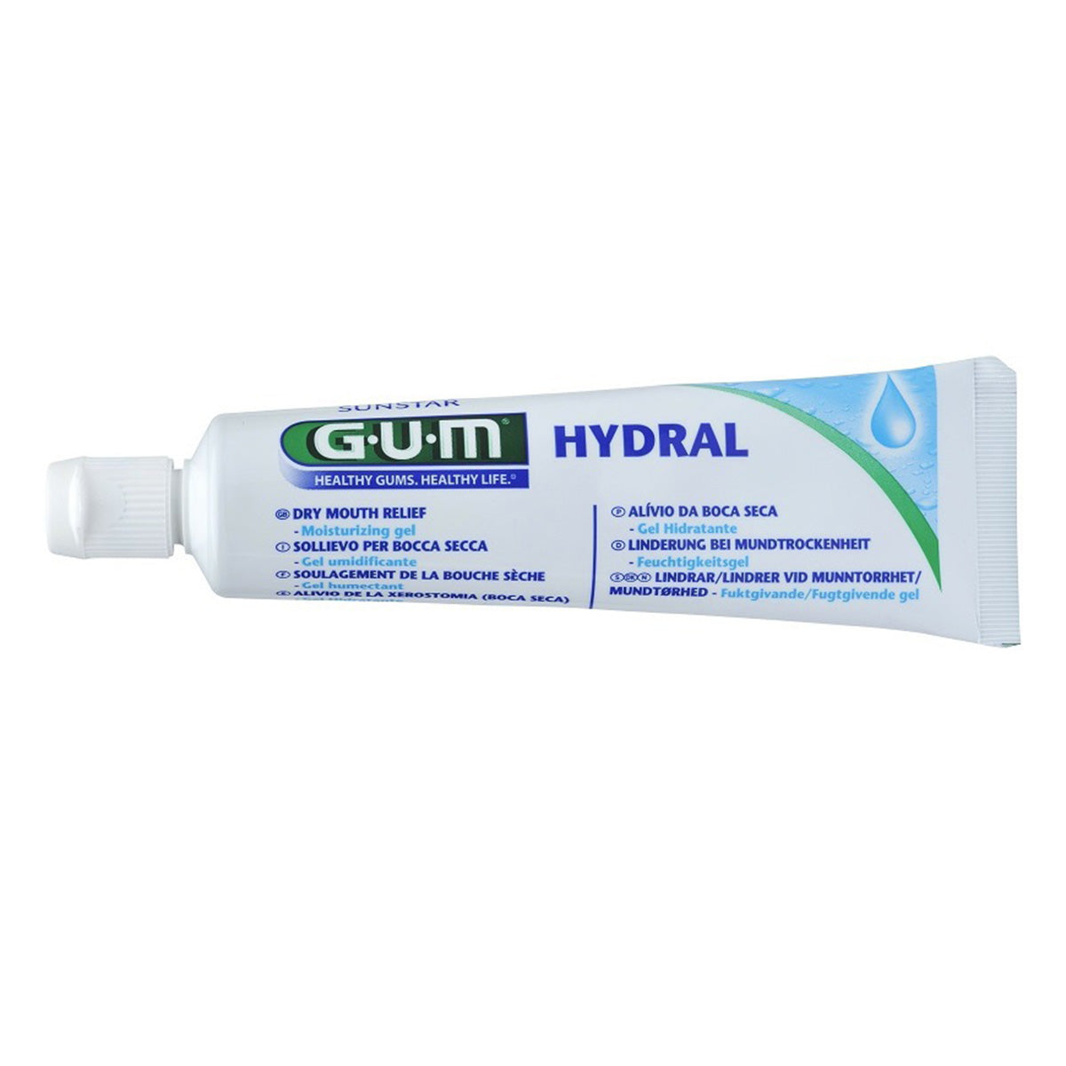 GUM Hydral gel tube liggend gefotografeerd tegen witte achtergrond