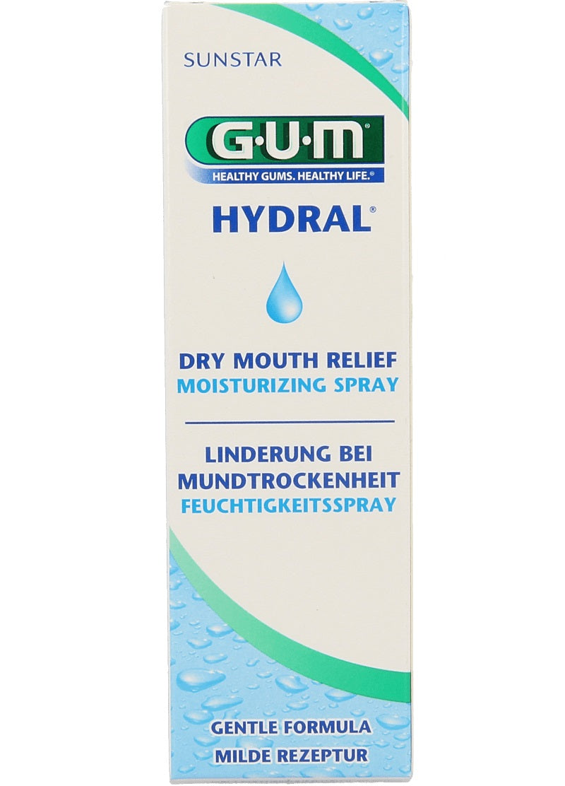 GUM Hydral spray verpakking met tekst dry mouth relief moisturizing spray