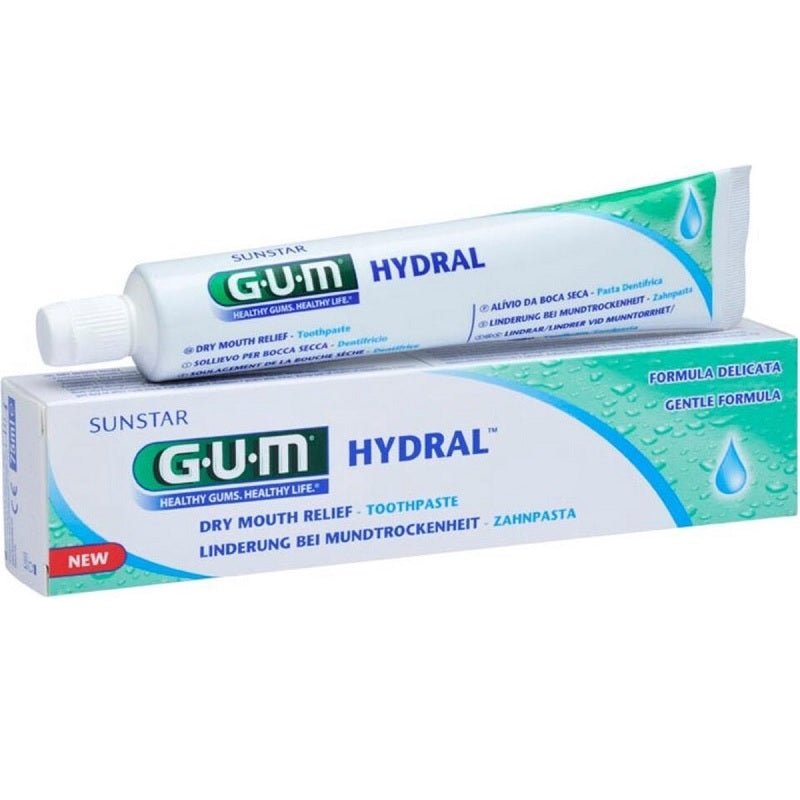 GUM Hydral tandpasta tube en verpakking naast elkaar afgebeeld
