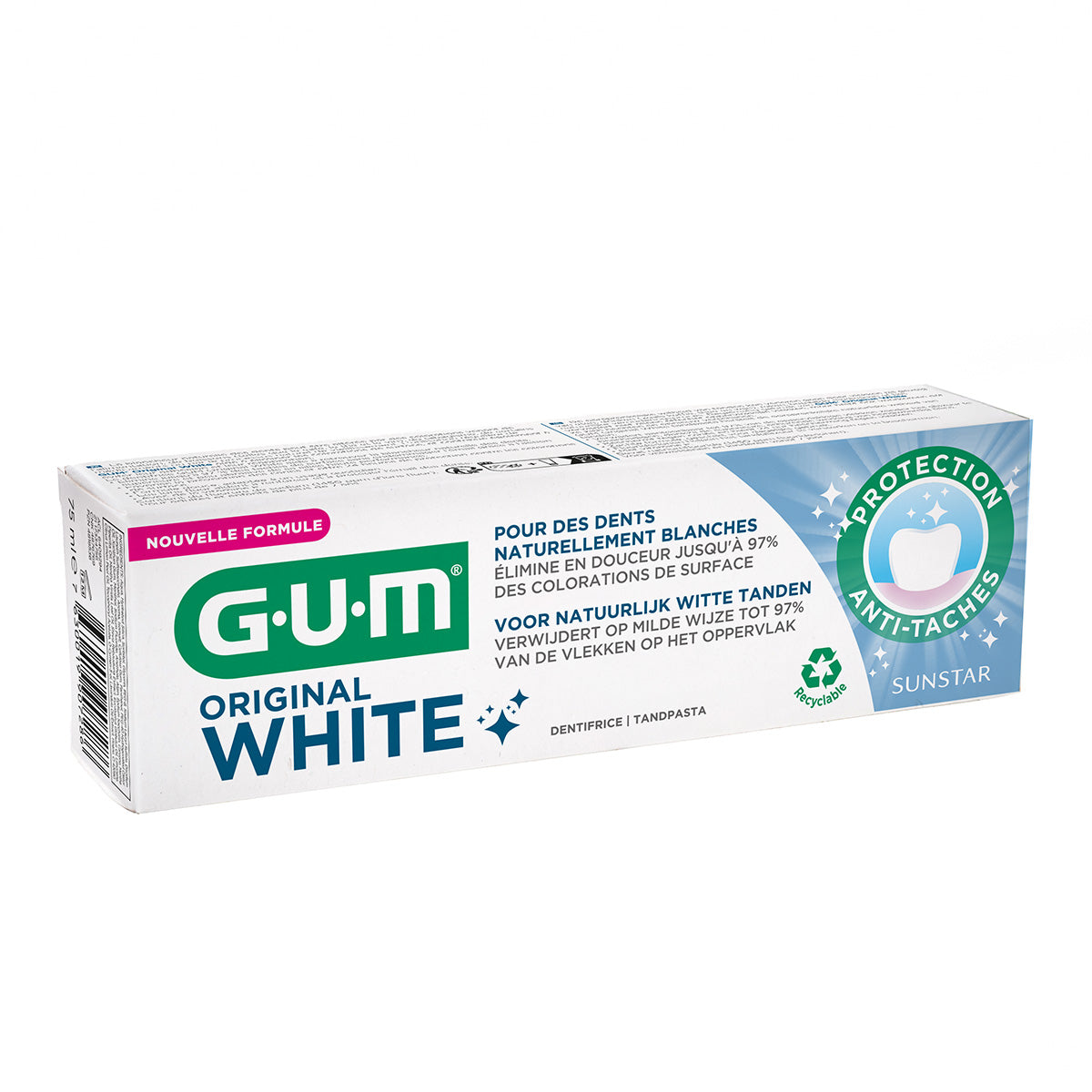 GUM Original White tandpasta verpakking met tekst voor natuurlijk witte tanden