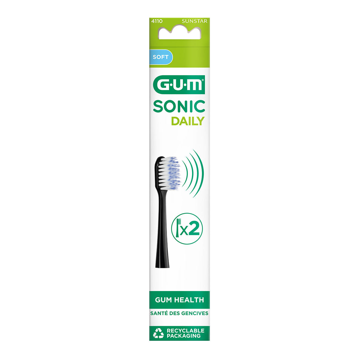 GUM Sonic Daily opzetborstels zwart verpakking met soft opzetborstels x2