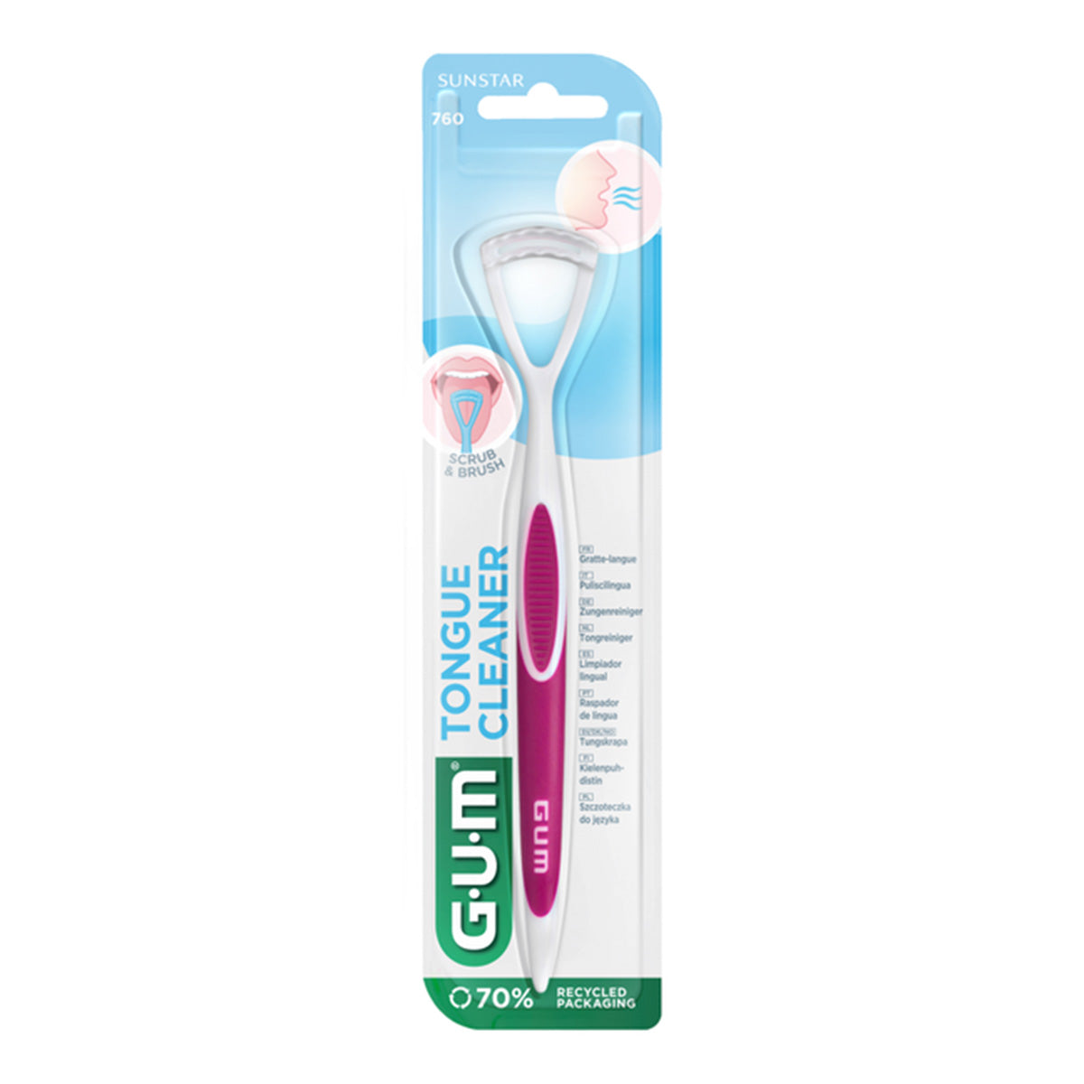 GUM HaliControl tongreiniger roze in verpakking met scrub en brush zijde