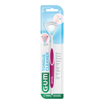 GUM HaliControl tongreiniger roze in verpakking met scrub en brush zijde