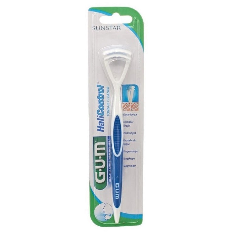 GUM HaliControl tongreiniger in blisterverpakking met blauw-witte handgreep
