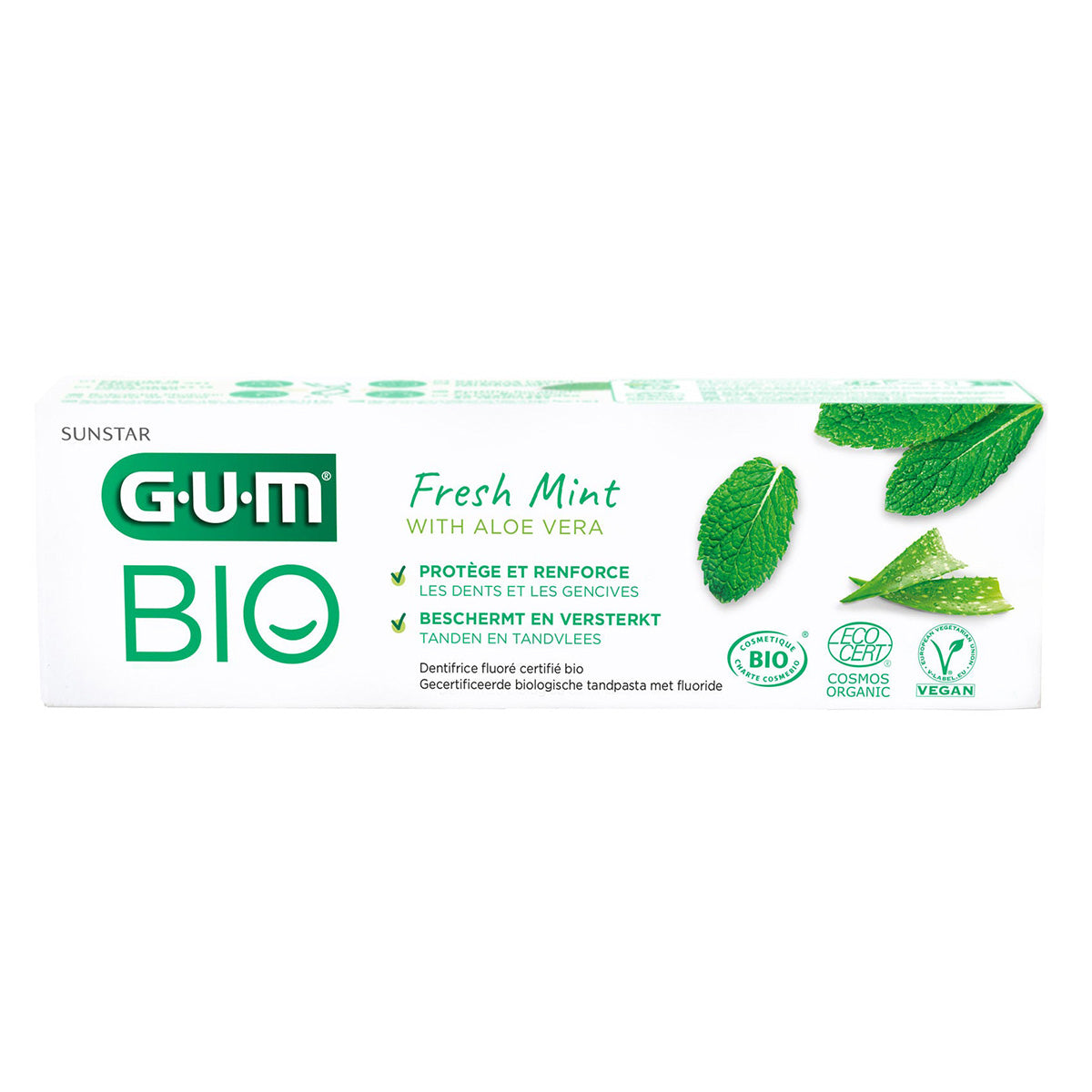 GUM BIO tandpasta Fresh Mint verpakking met munt en aloë vera illustratie
