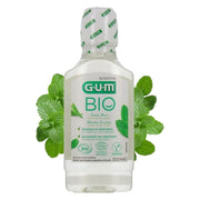GUM BIO mondspoelmiddel fles 300 ml met muntblaadjes op witte achtergrond