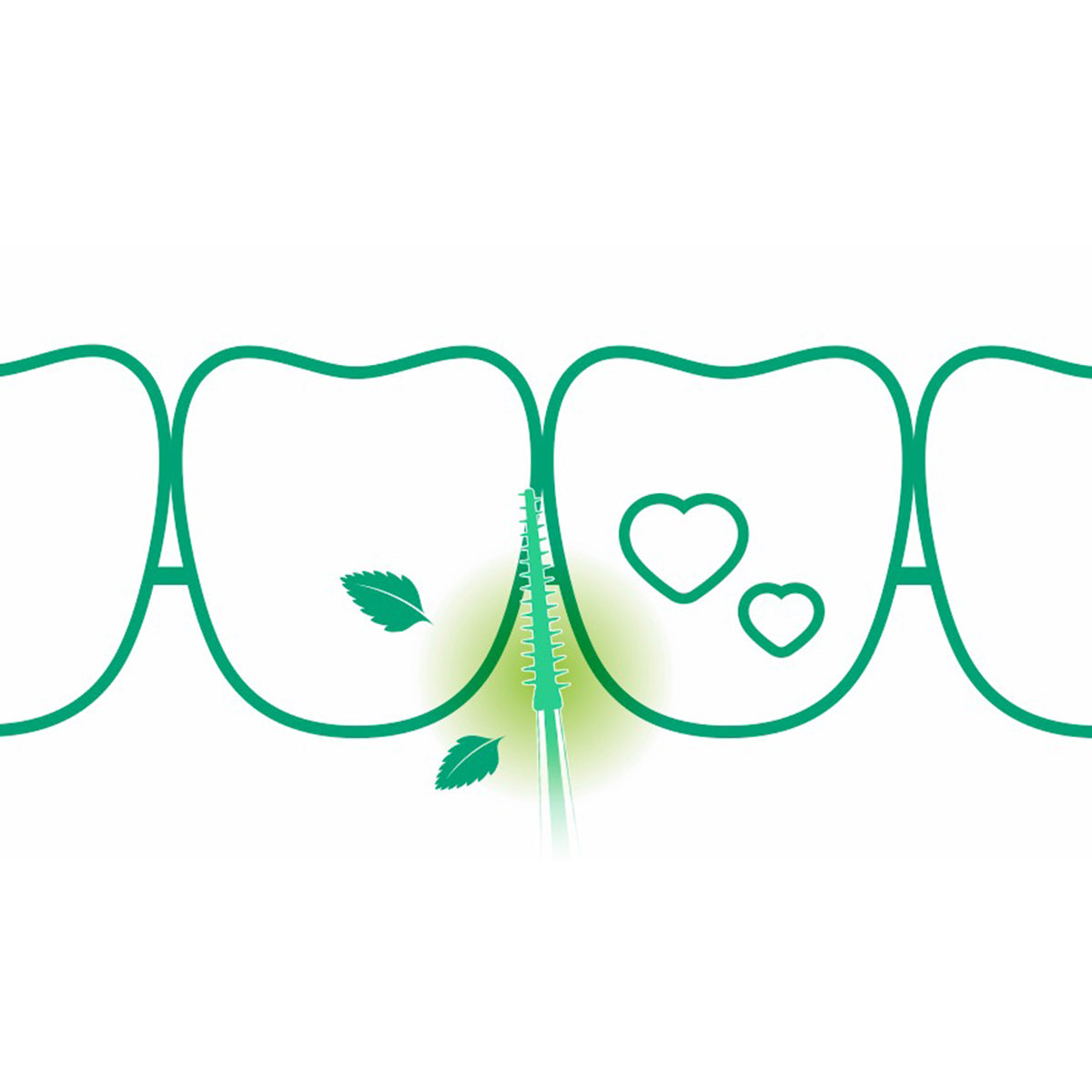 Gum Soft-picks Minty Small illustratie tussen tanden met muntblaadje en hartjes