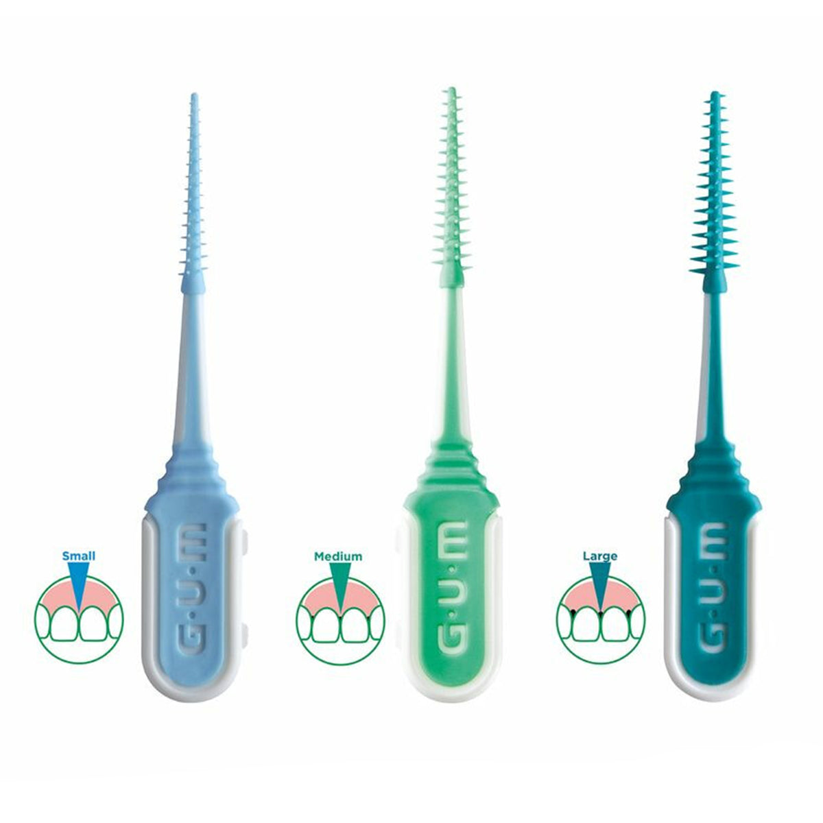 GUM Soft-picks Minty in drie maten Small, Medium en Large naast elkaar
