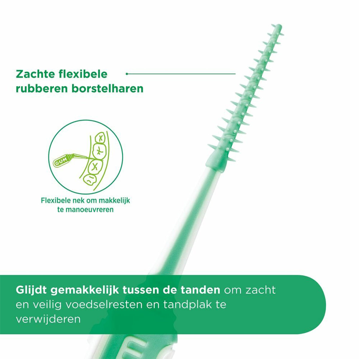 GUM Soft-picks Minty Small detailopname met flexibele rubberen borstelharen en nek