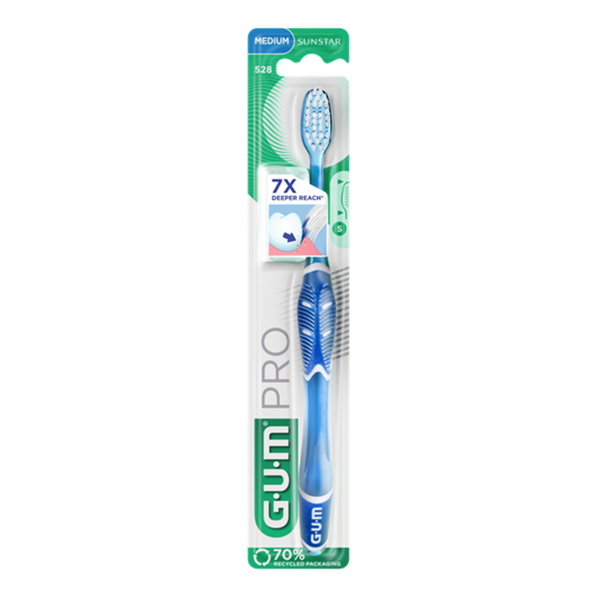 GUM Technique Pro compact medium tandenborstel in blauwe verpakking met 7x deeper reach