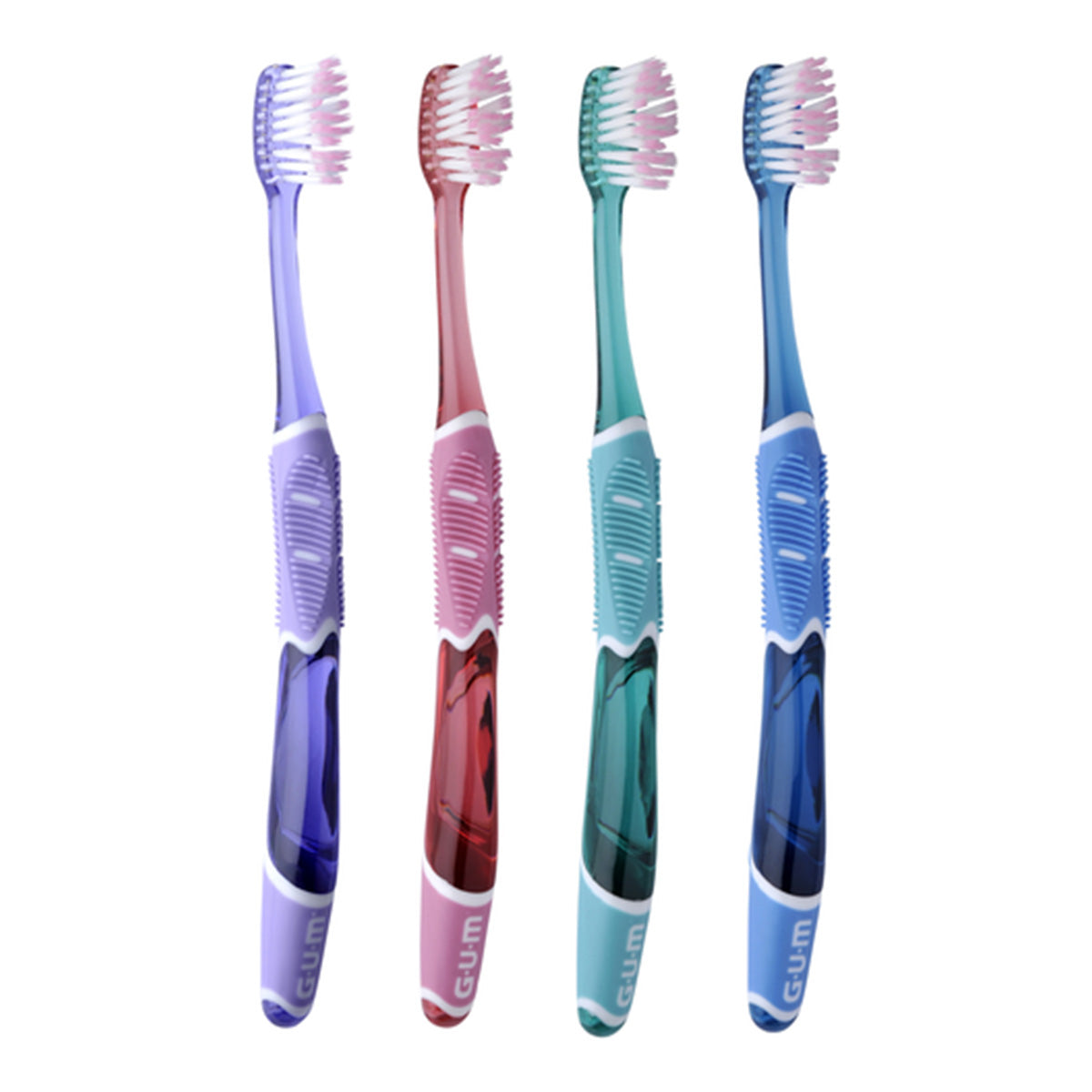 GUM Technique Pro compact soft tandenborstels in vier kleuren naast elkaar