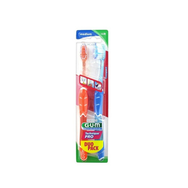 GUM Technique Pro tandenborstel medium Duo-pack, verpakking met oranje en blauwe borstel
