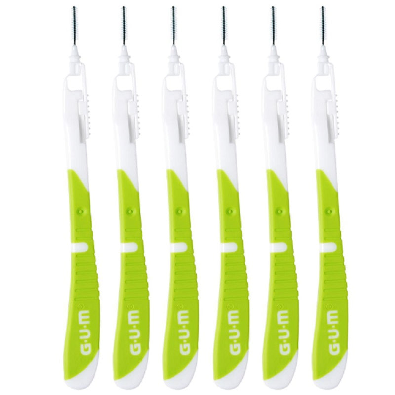 GUM Bi-Direction ragers 0,7 mm groen, zes stuks met witte handvatten op een rij
