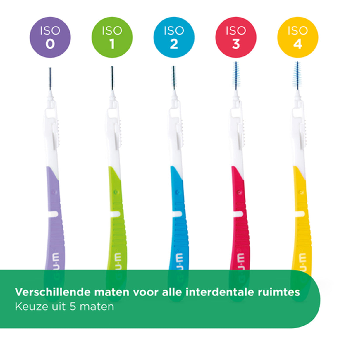 GUM ragers in ISO-maten 0 tot 4, keuze uit vijf maten interdentale ruimtes