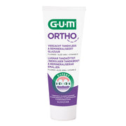 GUM Ortho tandpasta verpakking met paars-witte tube en beugelillustratie