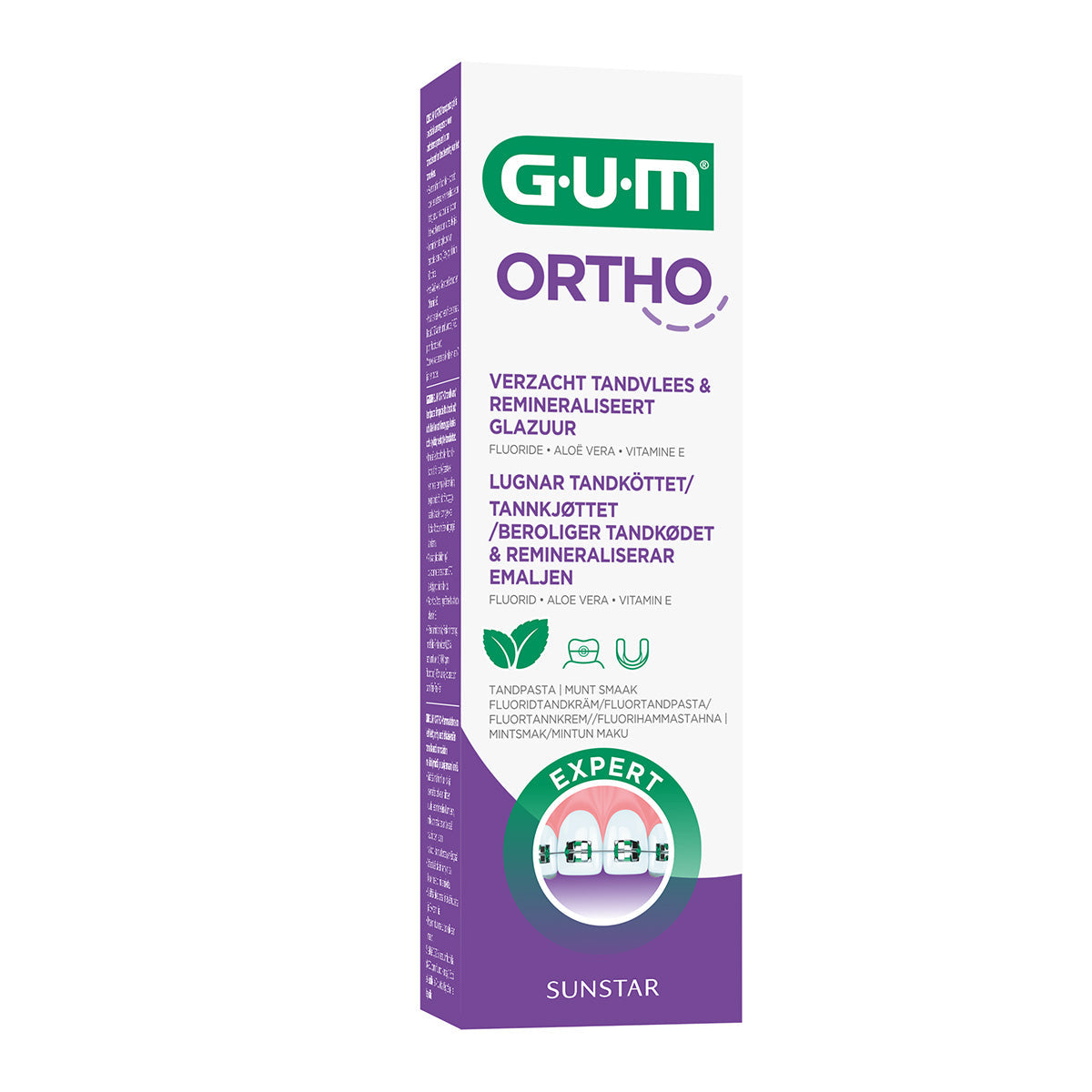 GUM Ortho tandpasta verpakking met tekst verzacht tandvlees en remineraliseert glazuur
