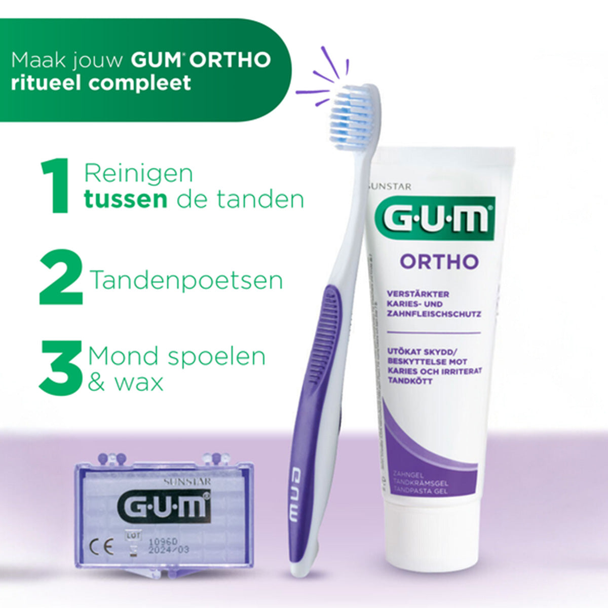 GUM Ortho ritueel met tandenstoker, tandenborstel en tandpasta in drie stappen