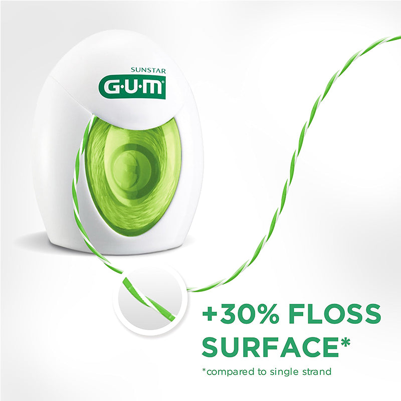 GUM Twisted Floss verpakking met uitgetrokken draad, tekst +30% floss surface