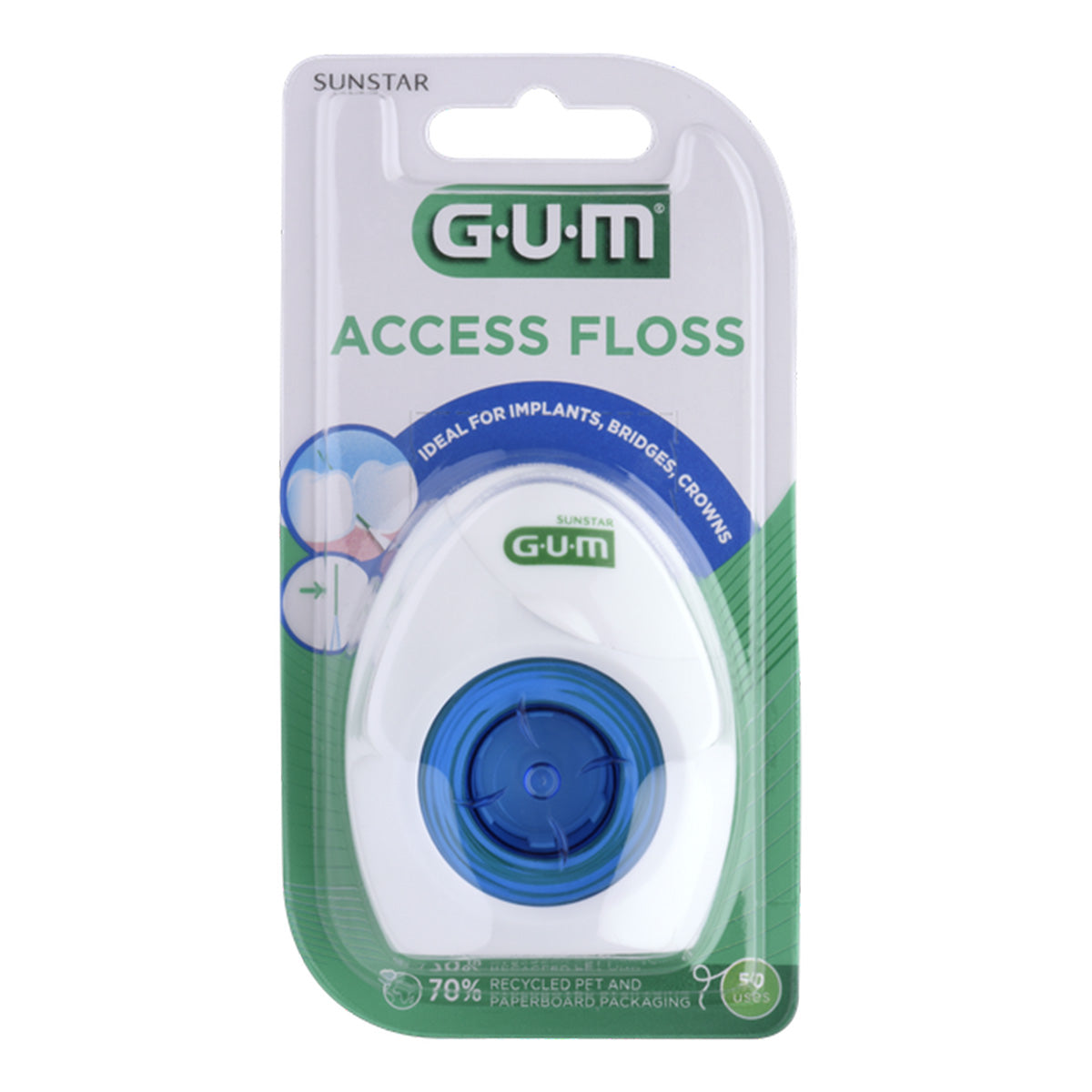 GUM Access Floss verpakking met blauwe dispenser voor implantaten, bruggen en kronen
