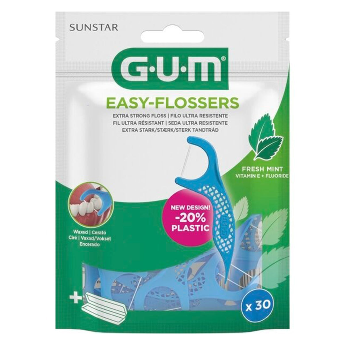 GUM Easy Flossers verpakking met blauwe flossers, fresh mint, 30 stuks