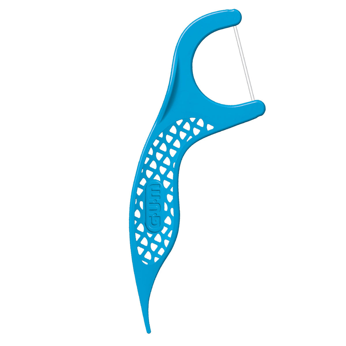 GUM Easy Flossers blauwe flosser met handvat, close-up van de vorm