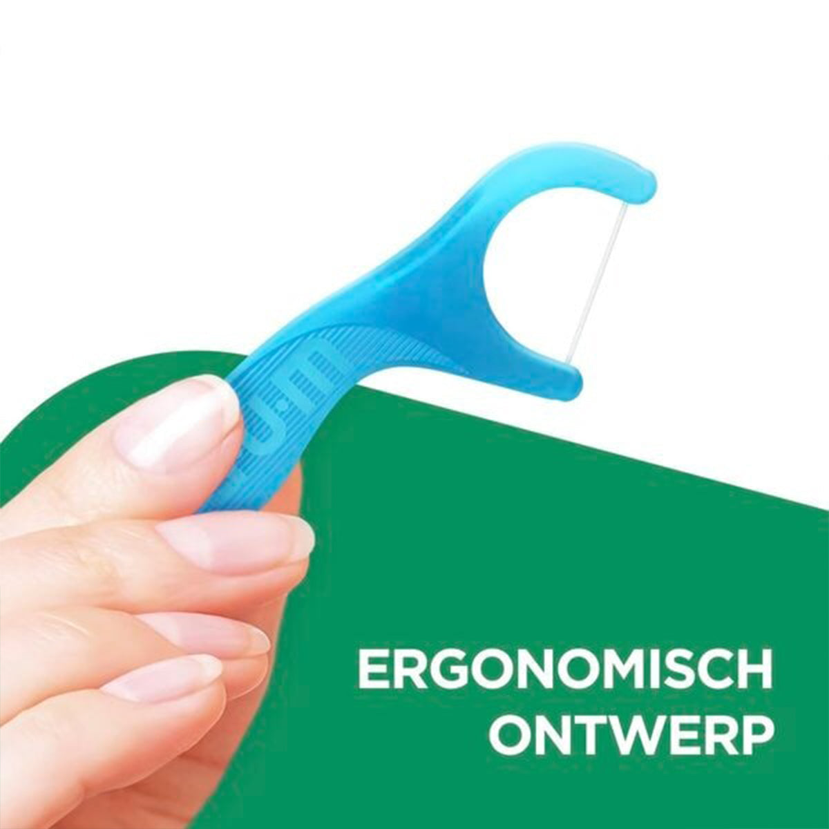 GUM Easy Flossers blauwe flosser vastgehouden met tekst ergonomisch ontwerp