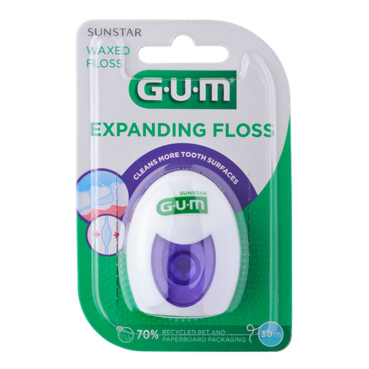 GUM Expanding Floss verpakking met paarse dispenser en tekst reinigt meer tandoppervlak