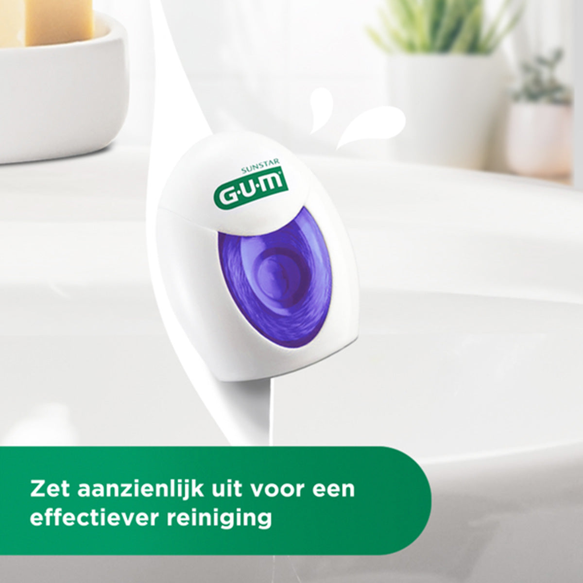 GUM Expanding Floss dispenser op wastafelrand, zet aanzienlijk uit voor effectiever reiniging