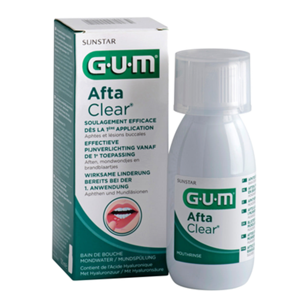 GUM AftaClear mondwater met verpakkingsdoos en witte fles ernaast