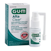 GUM AftaClear spray met verpakkingsdoos en spuitflacon naast elkaar