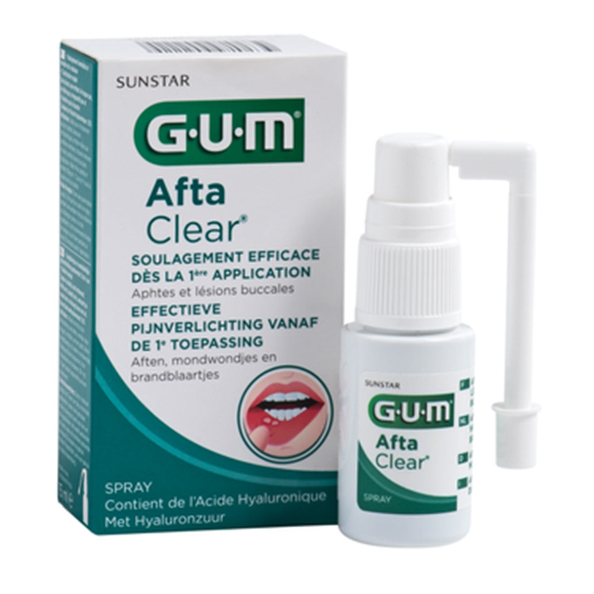 GUM AftaClear spray met verpakkingsdoos en spuitflacon naast elkaar