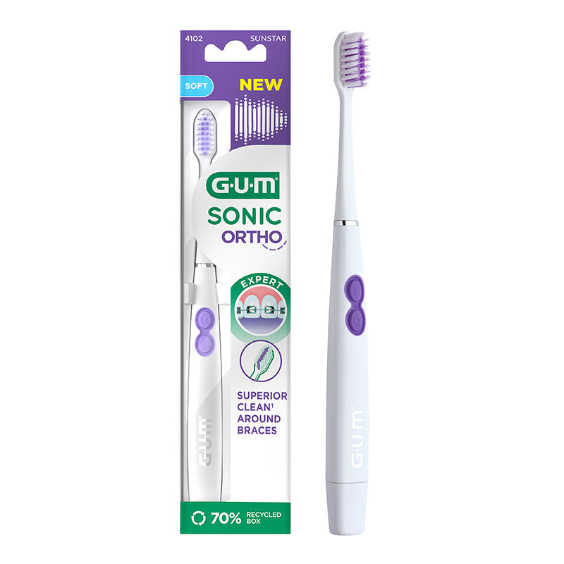 GUM Sonic Ortho tandenborstel met verpakking en witte borstel met paarse accenten