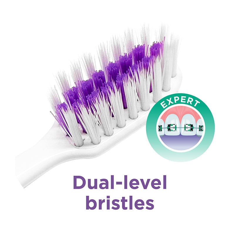 Gum Sonic Ortho tandenborstel detailopname paarse en witte dual-level bristles voor beugeldragers