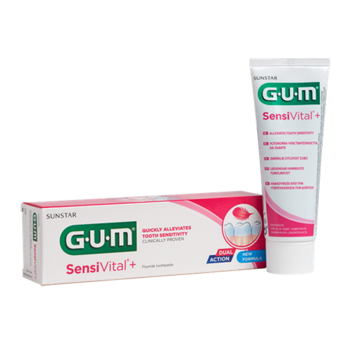 GUM SensiVital+ tandpasta doos en tube naast elkaar getoond