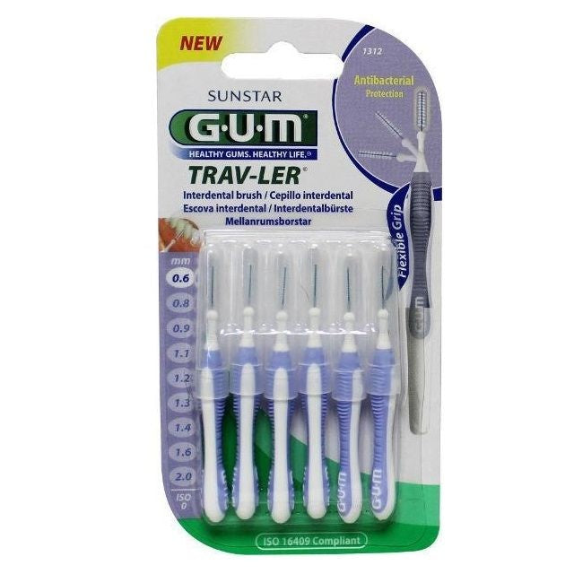 Gum Trav-Ler 0,6mm lavendel blisterverpakking met zes interdentaalborstels en houder