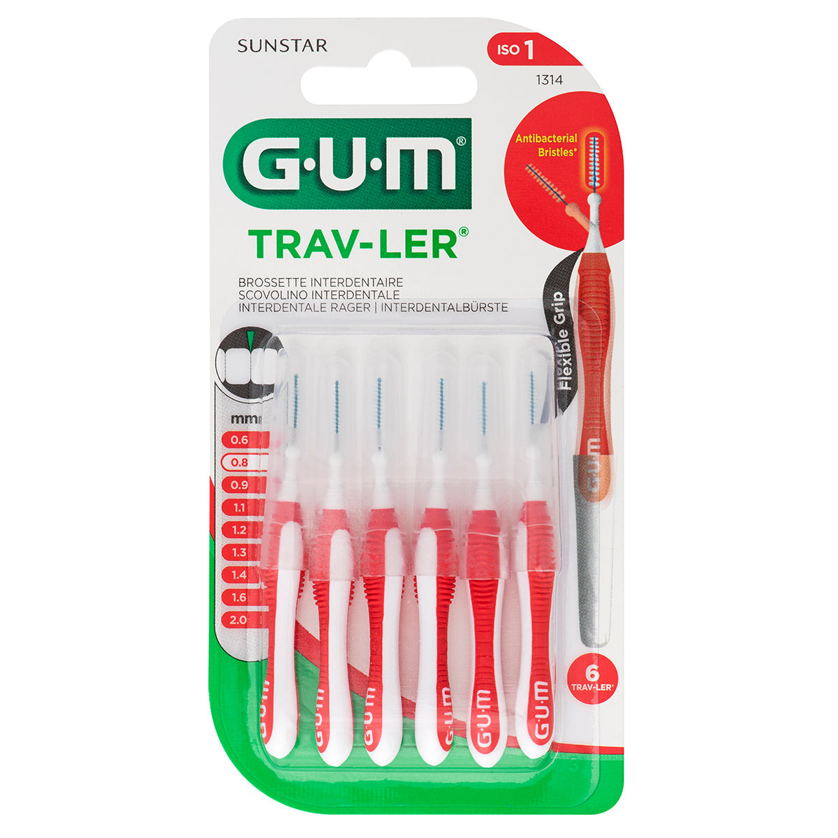 GUM Trav-Ler 0,8mm rood interdentale ragers, verpakking met 6 stuks ISO 1