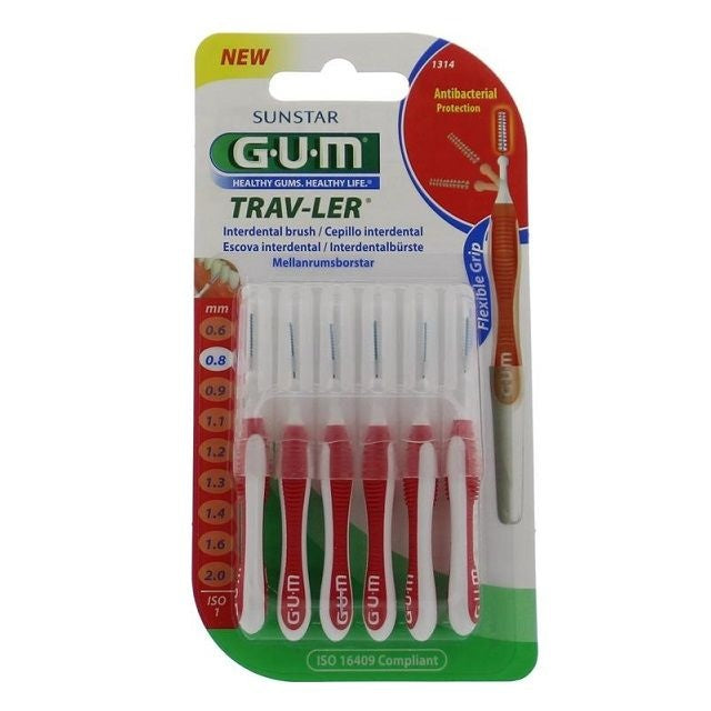 GUM Trav-Ler 0,8mm rood interdentale borstels in blisterverpakking met houder