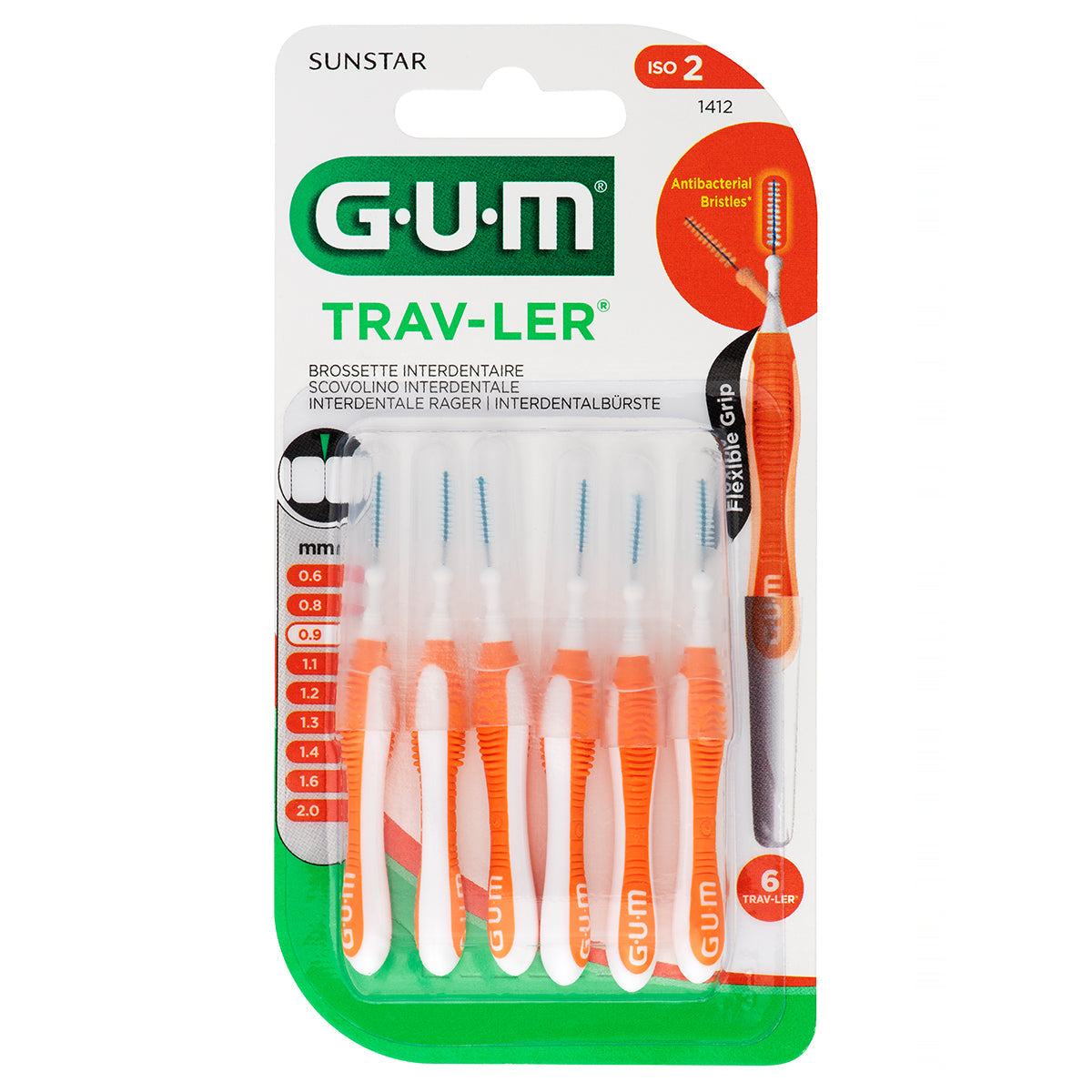 GUM Trav-Ler 0,9mm oranje interdentale ragers, verpakking met 6 stuks ISO 2