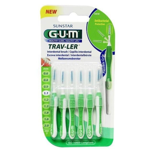 GUM Trav-Ler 1,1mm groen verpakking met zes interdentale ragers en maatoverzicht